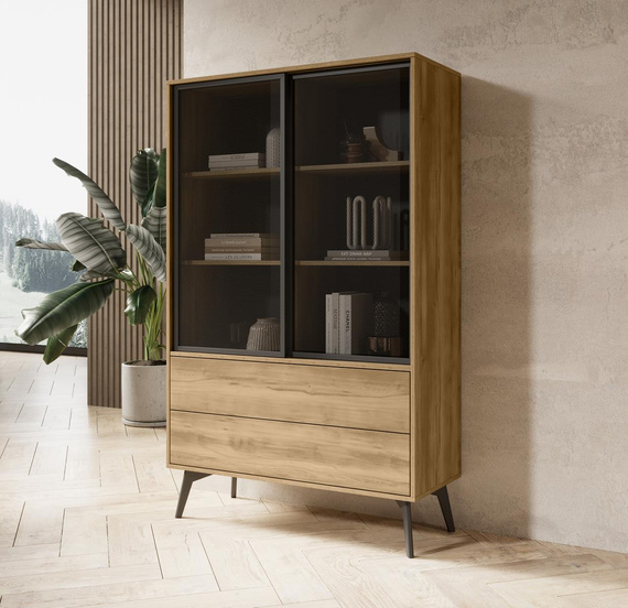 Vitrine mit 2 Schwebetüren und 2 Schublade Eiche SLOW