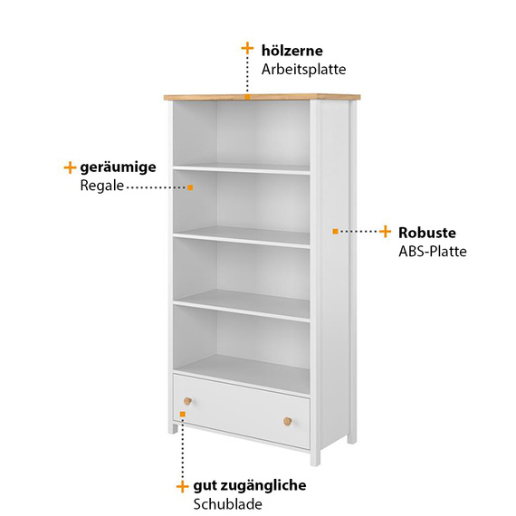 Jugendregal mit geräumiger Schublade TOMMY Weiß/Eiche nash