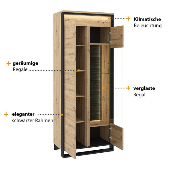 Vitrine LIMA mit Glasregalen und Holzeinlegeböden Eiche