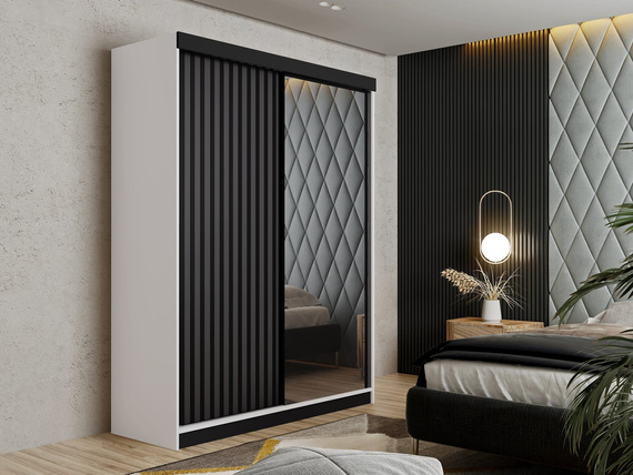 Schwebetürenschrank mit Lamellen und Spiegel LAMI eiche craft + schwarz