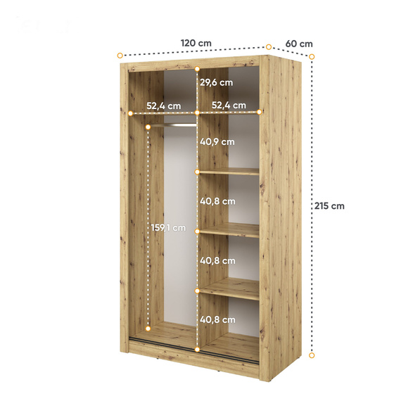Kleiderschrank mit Spiegel ARTI Breite 120 cm Eiche Artisan