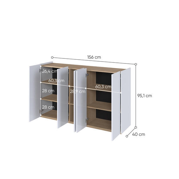 Sideboard PARIS Weiß Glanz/eiche Scandi