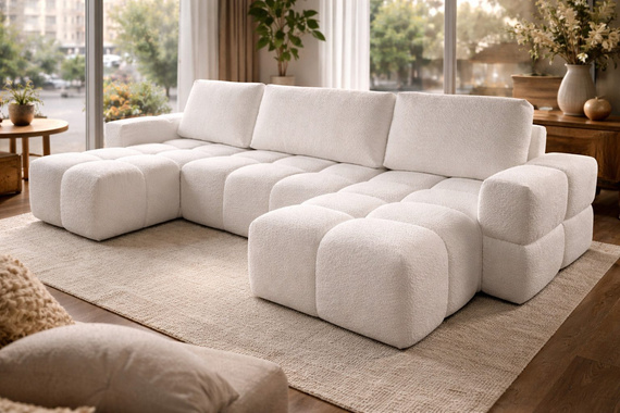 Praktische U-Form Bequeme Ecksofa Boucle Weiß WOLKS