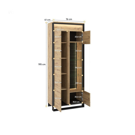 Vitrine LIMA mit Glasregalen und Holzeinlegeböden Eiche