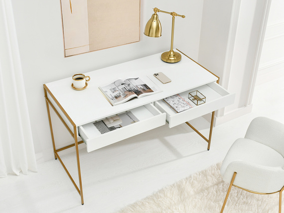 Schreibtisch mit 2 Schubladen Weiß Holz+Gold