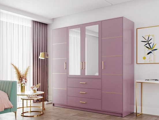 Kleiderschrank mit 4 Türen ALEX II Pflaume + Gold