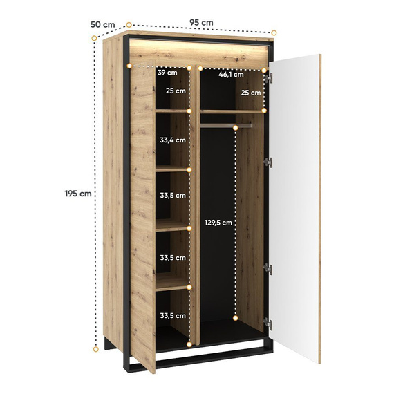 Kleiderschrank LIMA 2-Drehtüren Eiche Artisan/Schwarz