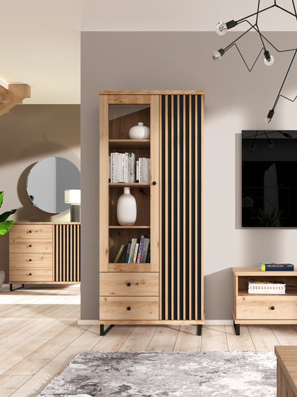 Standvitrine BORDO mit 2 Türig und 2 Schubladen Eiche Artisan