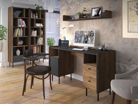 Regal mit Schublade COMO Hohe Beine schwarz/Nussbaum