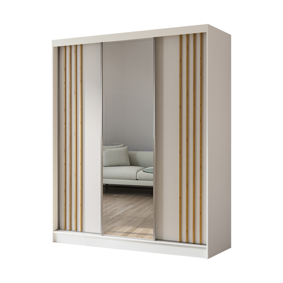 Kleiderschrank mit Spiegel und Lamellen MALTA Weiß + eiche 