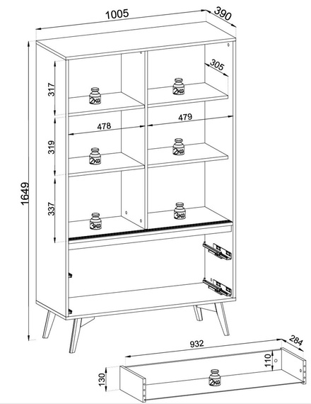 Vitrine mit 2 Schwebetüren und 2 Schublade Eiche SLOW