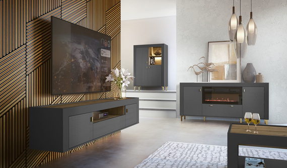 Kommode mit elektrischem Kamin TRENDS Eiche-Whisky/ Schwarz Matt