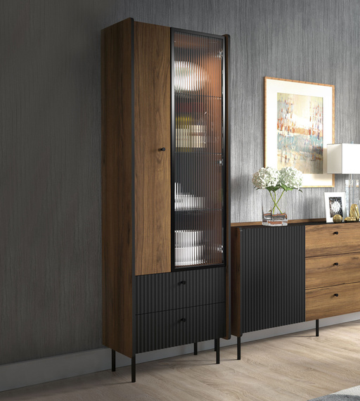 Standvitrine COMO 2 Türig mit gerillte Front Schwarz/Nussbaum