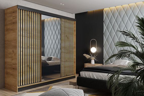 Schwebetürenschrank mit Lamellen und Spiegel LAMI eiche craft + schwarz