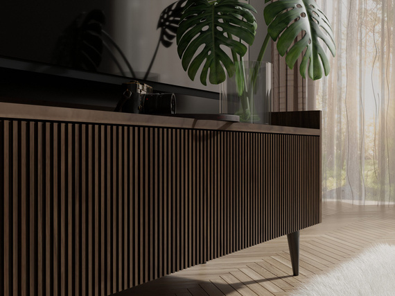 TV Schrank im Japandi Design mit Lamellen dreitürig MODE