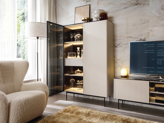 Moderne Vitrine Kaschmir mit Schublade und gehärtetem Glas