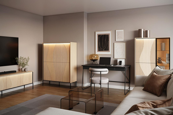 Japandi Standvitrine mit Metalltüren und LED WAVE