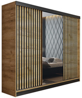 Schwebetürenschrank mit Lamellen und Spiegel LAMI eiche craft + schwarz