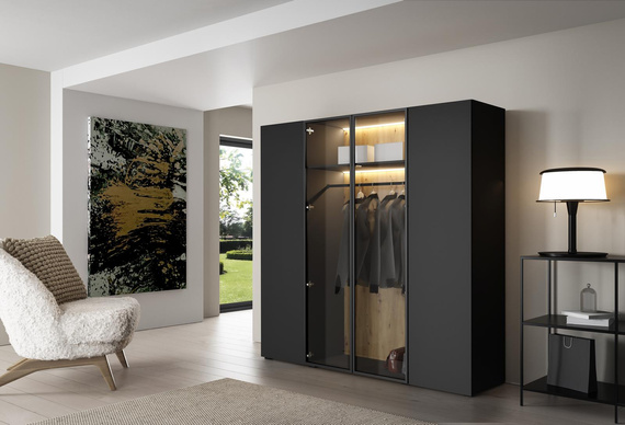 Eleganter Drehtürenschrank mit Glasfront LED Licht Schwarz STELLS