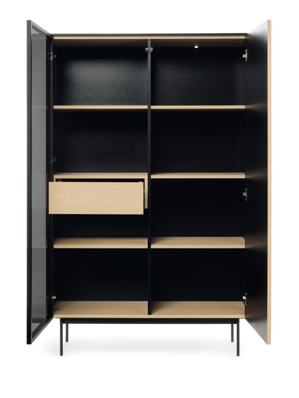 Vitrine Eiche Vincenza mit Schublade gehärtetes Glas Metallfüße OMBIS