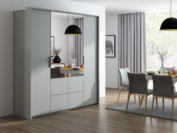 Kleiderschrank mit Spiegel und 4 Schubladen WAKS Grau