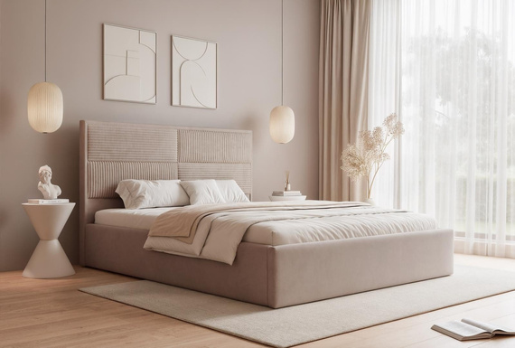 Beige Polsterbett mit Stauraum Metallrahmen 140x200 SAONA