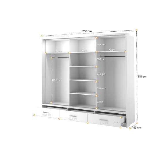 Schwebetürenschrank ARTI 01 mit 3 Schubladen Weiß