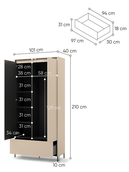 Garderoben-Set mit geriffelter Front BEIGE FLORE