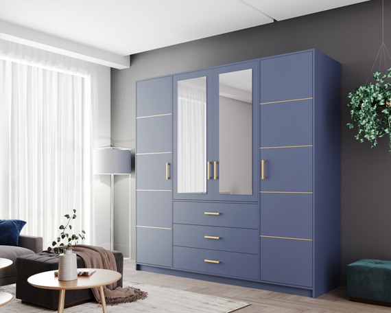 Kleiderschrank mit 4 Türen und Spiegel ALEX II Blau + Gold