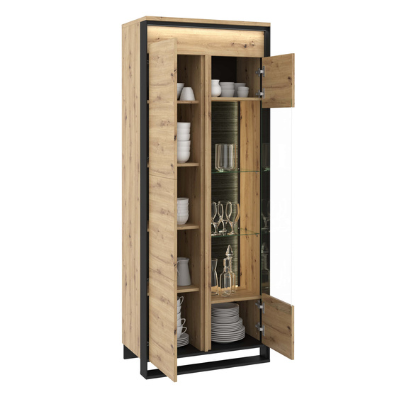 Vitrine Quant, Loft Stil Schrank mit Glasregalen, mit Holzeinlegeböden, 2-türig Standregal