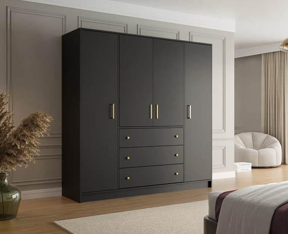Kleiderschrank mit 3 Schubladen RETRO D4 Weiß Gold Griffe