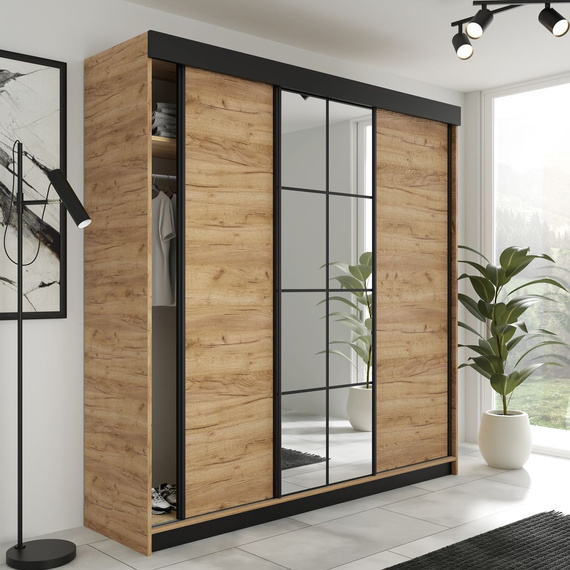 Schwebetürenschrank mit Spiegel TULIA Eiche Craft + Schwarz