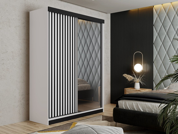 Schwebetürenschrank mit Lamellen und Spiegel LAMI weiß + schwarz