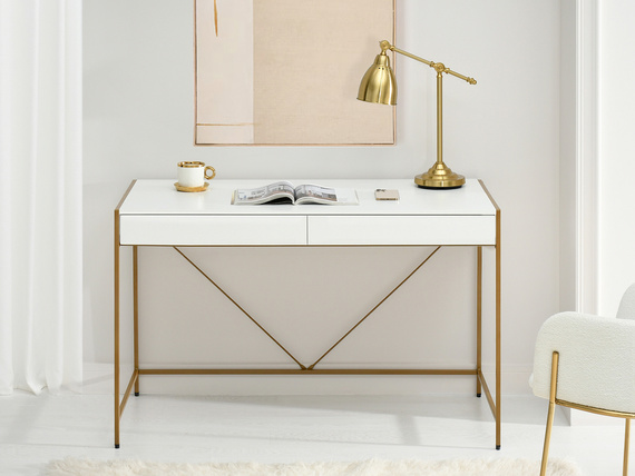Schreibtisch mit 2 Schubladen Weiß Holz+Gold
