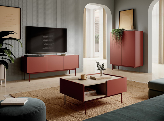 Couchtisch mit Schubladen ZOTI Eiche Linea+Rot