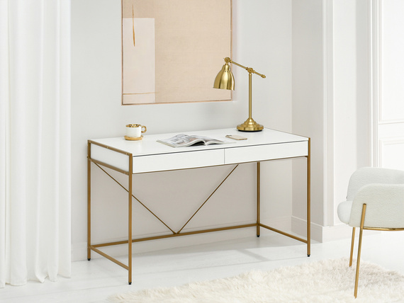 Schreibtisch mit 2 Schubladen Weiß Holz+Gold