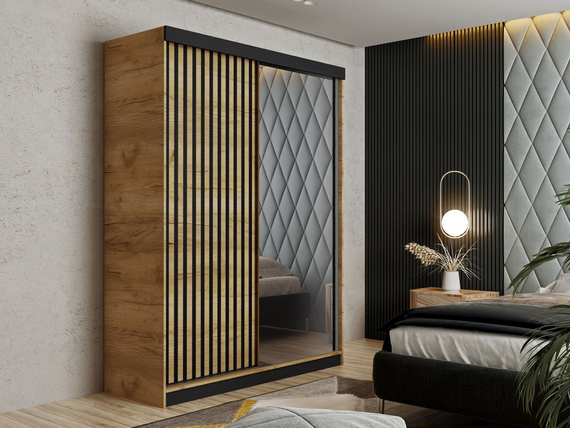 Schwebetürenschrank mit Lamellen und Spiegel LAMI eiche craft + schwarz