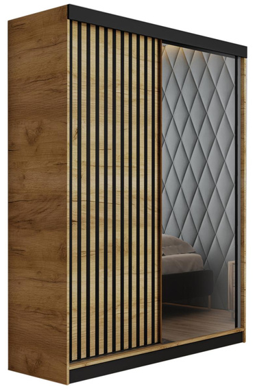 Schwebetürenschrank mit Lamellen und Spiegel LAMI eiche craft + schwarz