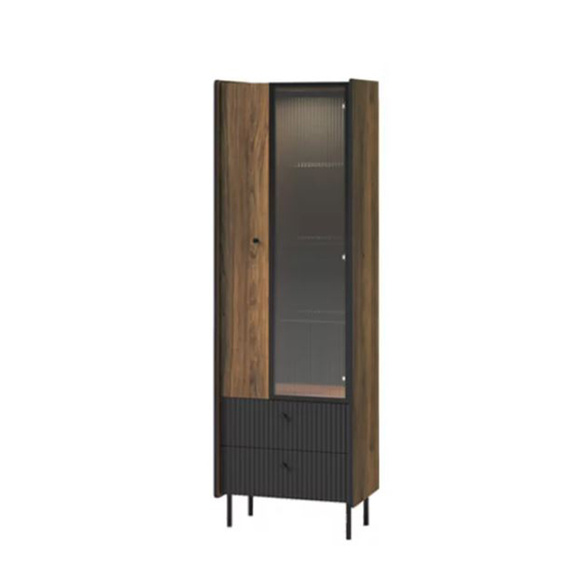 Standvitrine COMO 2 Türig mit gerillte Front Schwarz/Nussbaum