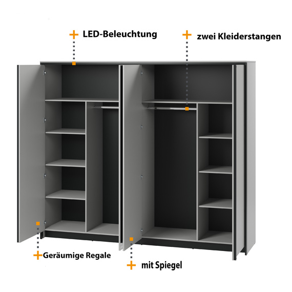 Kleiderschrank MIYA viertürig mit zwei Spiegel Grau/Schwarz