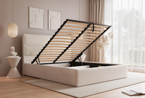 Creme Polsterbett mit Stauraum Metallrahmen 180x200 SAONA
