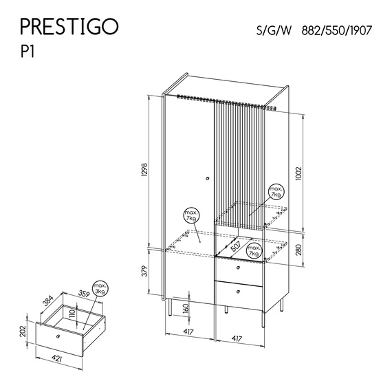 Kleiderschrank mit gerifflete COMO Schwarz/ Nussbaum