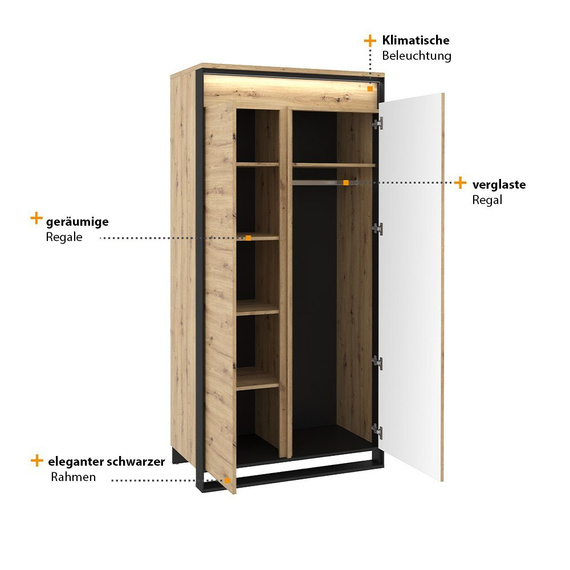 Kleiderschrank LIMA 2-Drehtüren Eiche Artisan/Schwarz
