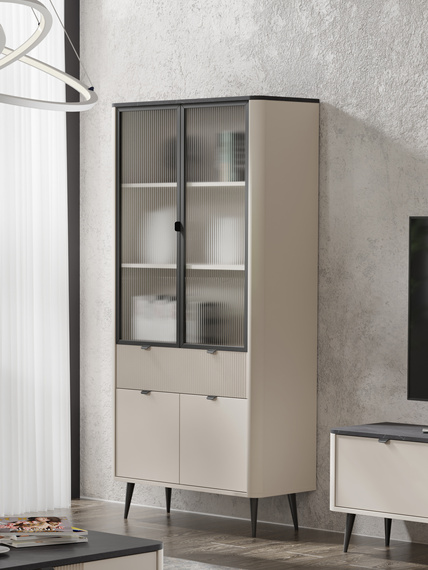 Elegante Vitrine mit Lamellen LILIA Kaschmir + Nussbaum