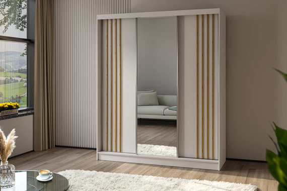 Kleiderschrank mit Spiegel und Lamellen MALTA Weiß + eiche 