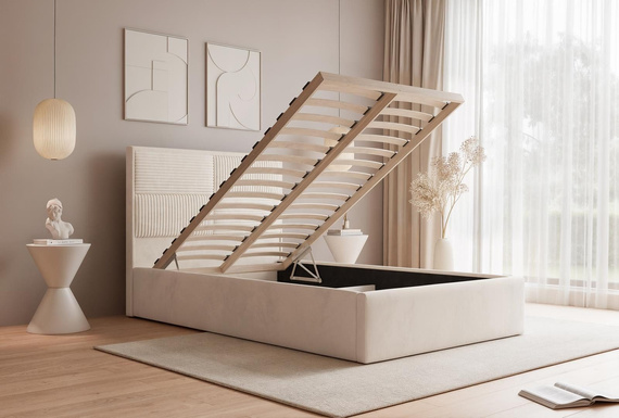 Creme Polsterbett mit Stauraum Holzrahmen 120x200 SAONA