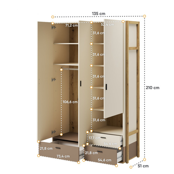 Kinderkleiderschrank LAGOS 3-türig Schrank Beige/Eiche 
