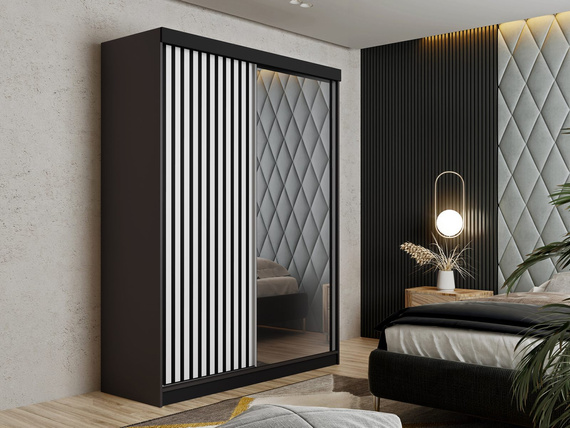 Schwebetürenschrank mit Lamellen und Spiegel LAMI graphit + weiß