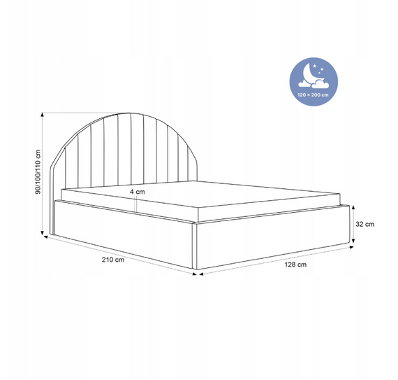 Designerbett mit Bettkasten und Füße 120x200 Grau PERLE