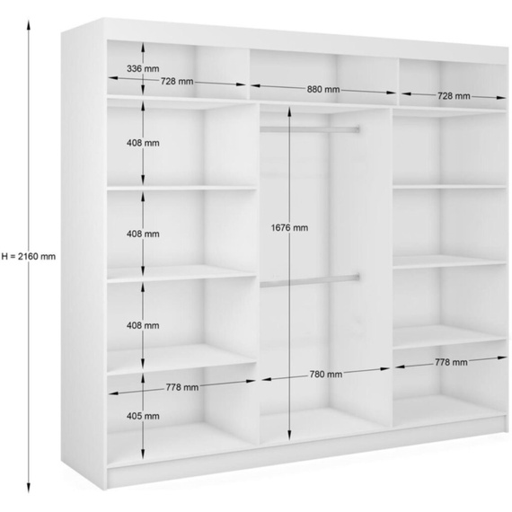 Kleiderschrank mit Spiegel MALTA Breite: 240 cm Weiß + Eiche artisan